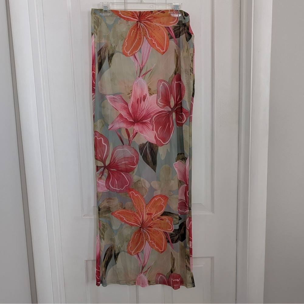 Misguided Womens Tropical‎ Floral High Waisted Maxi Skirt Cover Up LARGE Beach